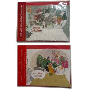 2 Pop Up Snow Globe Greetings Christmas Holiday‎ Card Set Dog Cat NEW